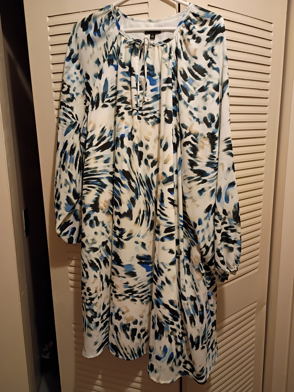 The Limited Long-Sleeve Tie-Neck Print Dress in Blue, Black & Cream